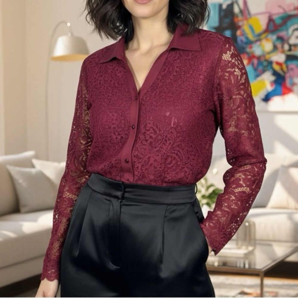 Reba Lace Lined Knit Back Crystal Cut Button Front Wine Holiday Top Size L